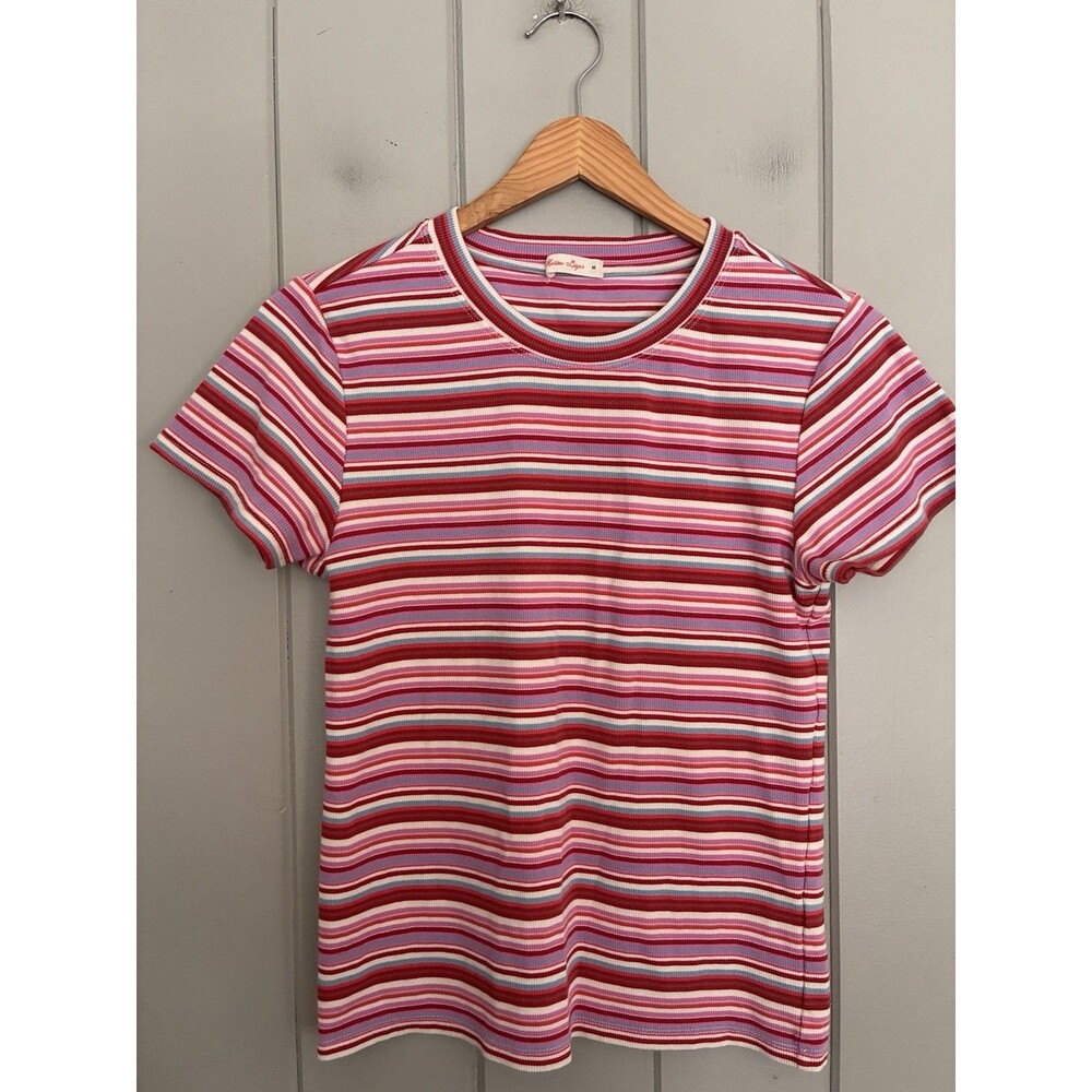 Marine Layer Lexi Rib Sun-In Crew Tee Top M Medium Pink Stripe Short Sleeves